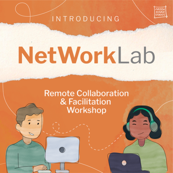 Illustration promoting NetWorkLab, showcasing two individuals engaged in remote collaboration through their computers, with the text highlighting a workshop on remote collaboration and facilitation.