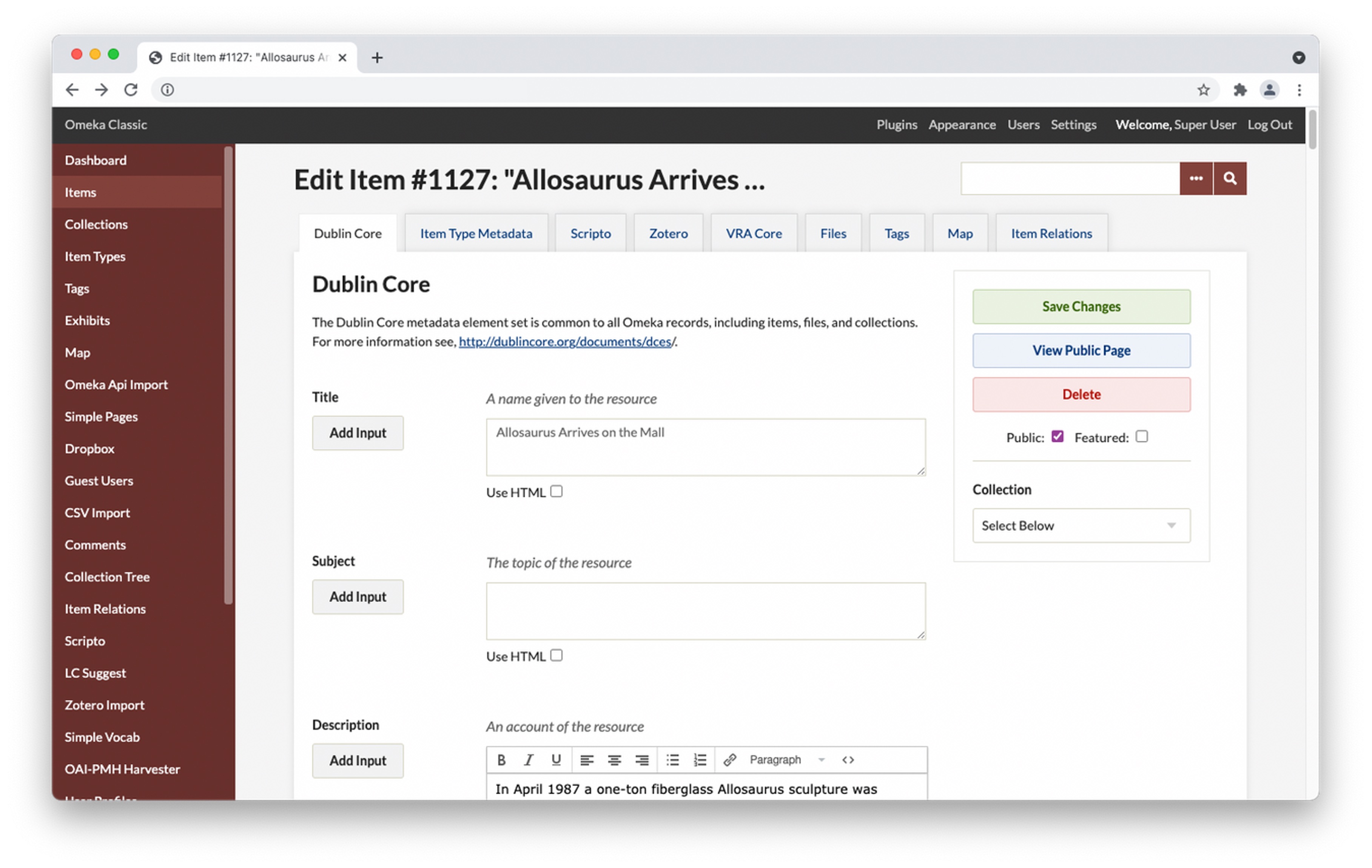 Screenshot of the Omeka Classic interface, displaying the editing page for an item titled 'Allosaurus Arrives on the Mail.'