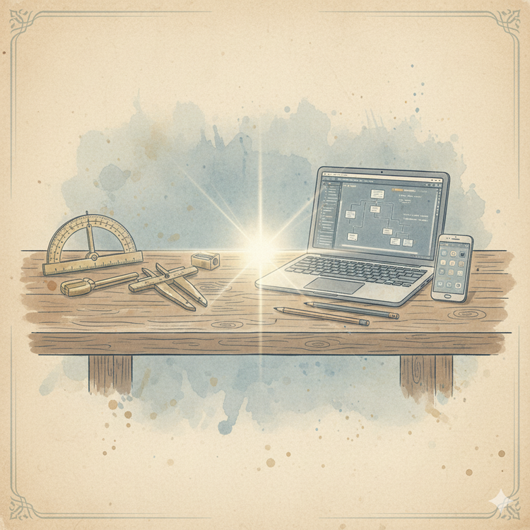 An old-timey workbench with pencils, calipers, a protractor, a laptop, and a smartphone