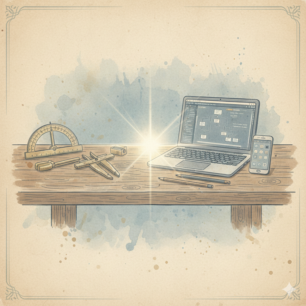 An old-timey workbench with pencils, calipers, a protractor, a laptop, and a smartphone